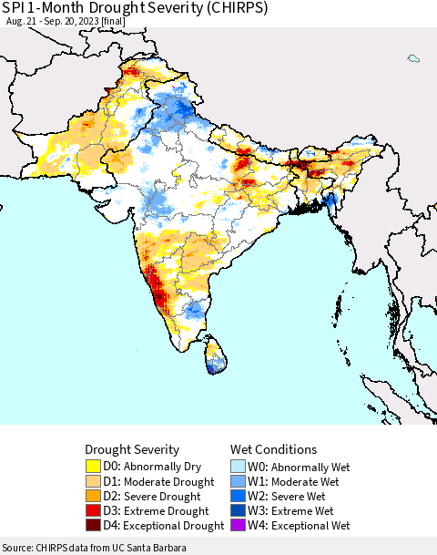 Southern Asia SPI 1-Month Drought Severity (CHIRPS) Thematic Map For 8/21/2023 - 9/20/2023
