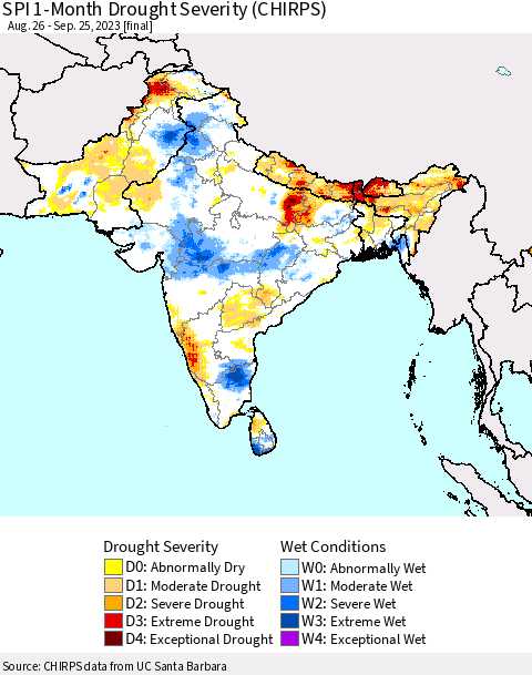 Southern Asia SPI 1-Month Drought Severity (CHIRPS) Thematic Map For 8/26/2023 - 9/25/2023