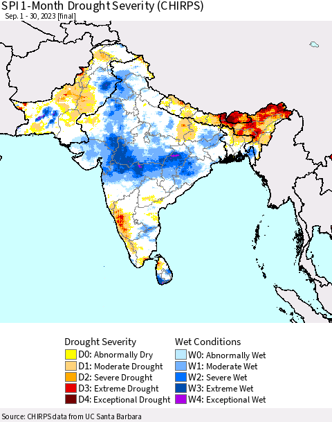 Southern Asia SPI 1-Month Drought Severity (CHIRPS) Thematic Map For 9/1/2023 - 9/30/2023