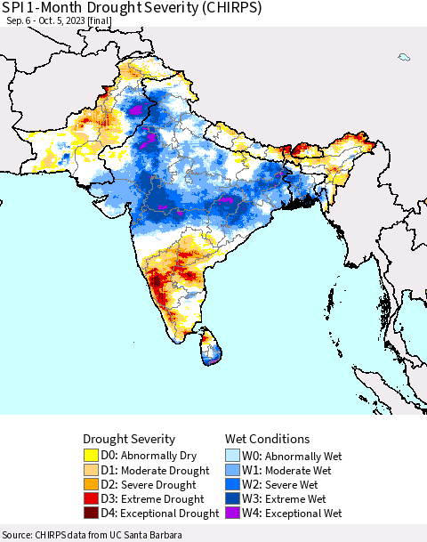 Southern Asia SPI 1-Month Drought Severity (CHIRPS) Thematic Map For 9/6/2023 - 10/5/2023