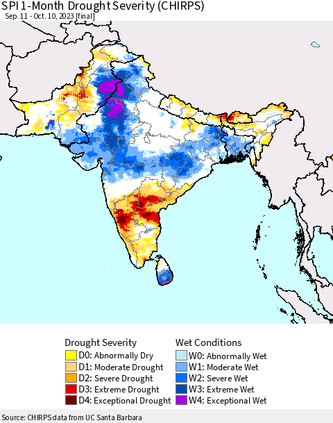 Southern Asia SPI 1-Month Drought Severity (CHIRPS) Thematic Map For 9/11/2023 - 10/10/2023