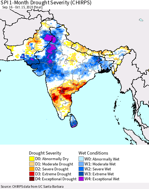 Southern Asia SPI 1-Month Drought Severity (CHIRPS) Thematic Map For 9/16/2023 - 10/15/2023