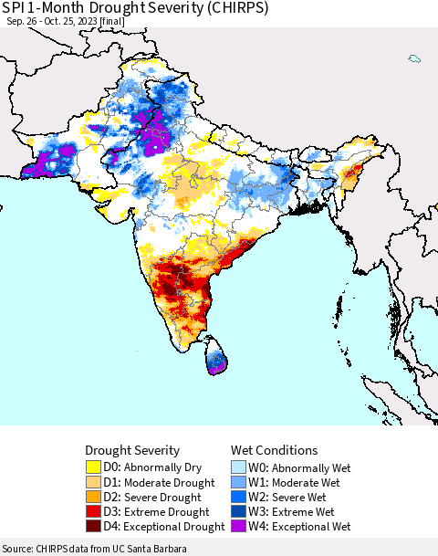 Southern Asia SPI 1-Month Drought Severity (CHIRPS) Thematic Map For 9/26/2023 - 10/25/2023