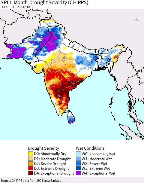 Southern Asia SPI 1-Month Drought Severity (CHIRPS) Thematic Map For 10/1/2023 - 10/31/2023