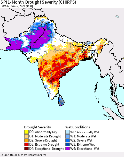 Southern Asia SPI 1-Month Drought Severity (CHIRPS) Thematic Map For 10/6/2023 - 11/5/2023