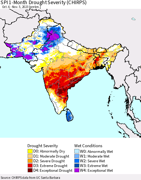 Southern Asia SPI 1-Month Drought Severity (CHIRPS) Thematic Map For 10/6/2023 - 11/5/2023