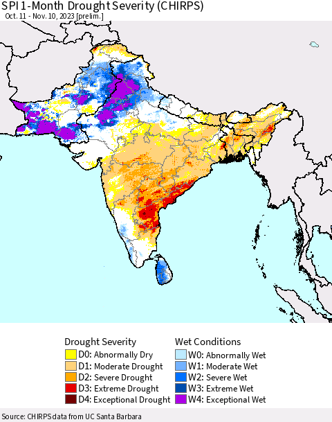 Southern Asia SPI 1-Month Drought Severity (CHIRPS) Thematic Map For 10/11/2023 - 11/10/2023