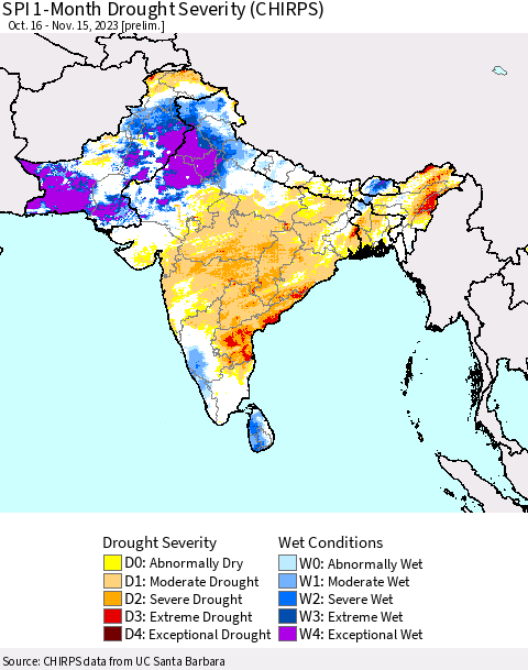 Southern Asia SPI 1-Month Drought Severity (CHIRPS) Thematic Map For 10/16/2023 - 11/15/2023