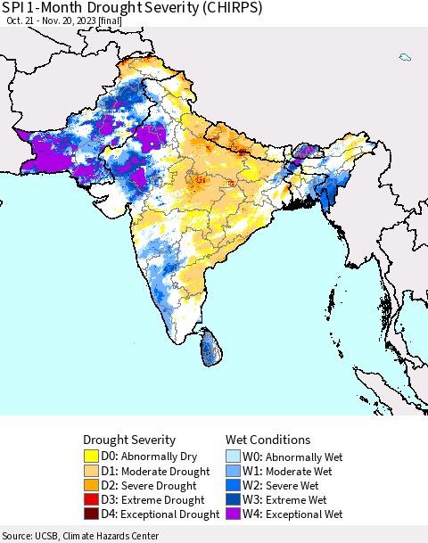 Southern Asia SPI 1-Month Drought Severity (CHIRPS) Thematic Map For 10/21/2023 - 11/20/2023
