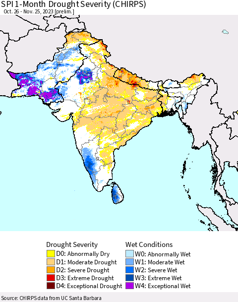 Southern Asia SPI 1-Month Drought Severity (CHIRPS) Thematic Map For 10/26/2023 - 11/25/2023