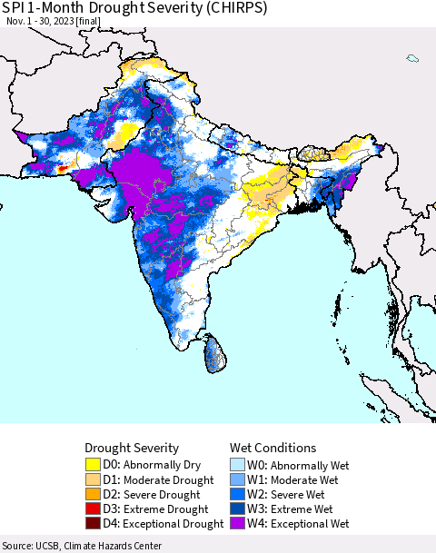 Southern Asia SPI 1-Month Drought Severity (CHIRPS) Thematic Map For 11/1/2023 - 11/30/2023