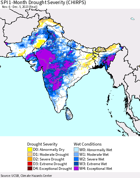 Southern Asia SPI 1-Month Drought Severity (CHIRPS) Thematic Map For 11/6/2023 - 12/5/2023