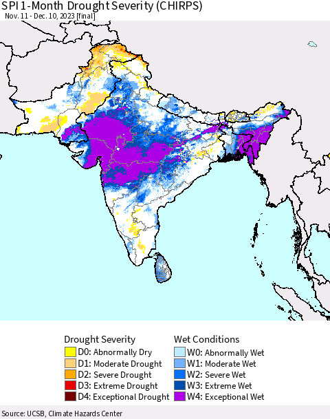 Southern Asia SPI 1-Month Drought Severity (CHIRPS) Thematic Map For 11/11/2023 - 12/10/2023