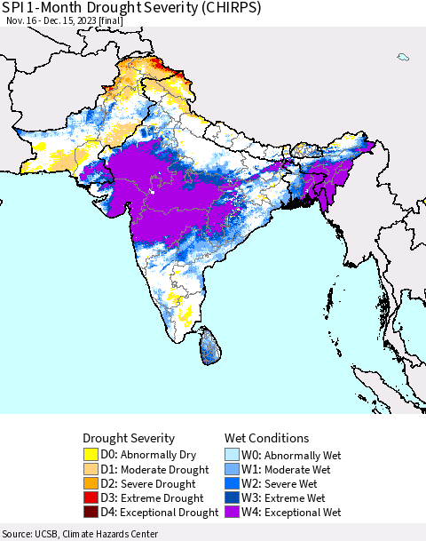 Southern Asia SPI 1-Month Drought Severity (CHIRPS) Thematic Map For 11/16/2023 - 12/15/2023
