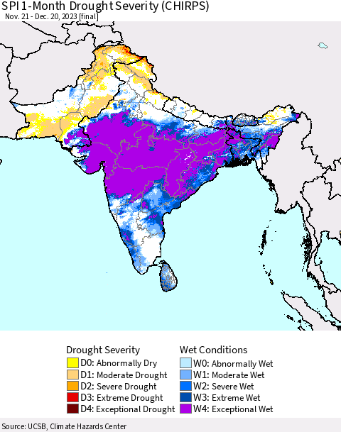 Southern Asia SPI 1-Month Drought Severity (CHIRPS) Thematic Map For 11/21/2023 - 12/20/2023