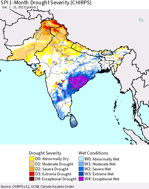 Southern Asia SPI 1-Month Drought Severity (CHIRPS) Thematic Map For 12/1/2023 - 12/31/2023