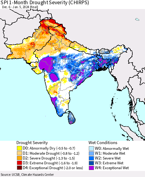 Southern Asia SPI 1-Month Drought Severity (CHIRPS) Thematic Map For 12/6/2023 - 1/5/2024