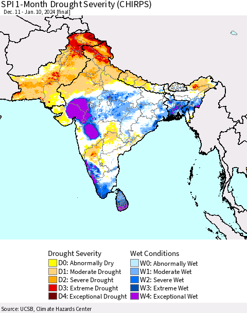 Southern Asia SPI 1-Month Drought Severity (CHIRPS) Thematic Map For 12/11/2023 - 1/10/2024