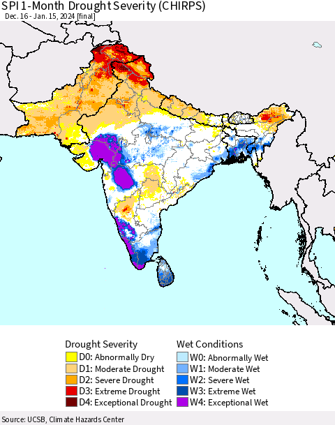 Southern Asia SPI 1-Month Drought Severity (CHIRPS) Thematic Map For 12/16/2023 - 1/15/2024