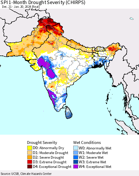 Southern Asia SPI 1-Month Drought Severity (CHIRPS) Thematic Map For 12/21/2023 - 1/20/2024
