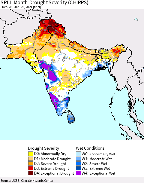 Southern Asia SPI 1-Month Drought Severity (CHIRPS) Thematic Map For 12/26/2023 - 1/25/2024