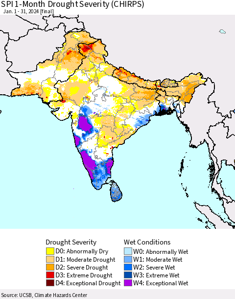 Southern Asia SPI 1-Month Drought Severity (CHIRPS) Thematic Map For 1/1/2024 - 1/31/2024