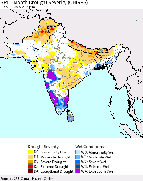 Southern Asia SPI 1-Month Drought Severity (CHIRPS) Thematic Map For 1/6/2024 - 2/5/2024