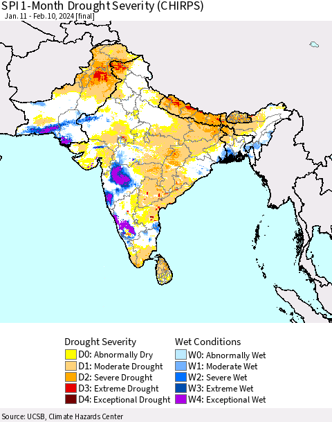 Southern Asia SPI 1-Month Drought Severity (CHIRPS) Thematic Map For 1/11/2024 - 2/10/2024