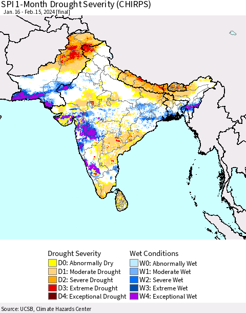 Southern Asia SPI 1-Month Drought Severity (CHIRPS) Thematic Map For 1/16/2024 - 2/15/2024