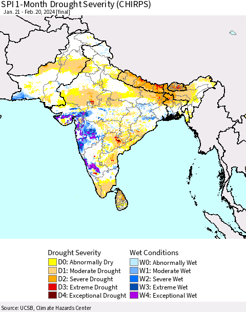 Southern Asia SPI 1-Month Drought Severity (CHIRPS) Thematic Map For 1/21/2024 - 2/20/2024