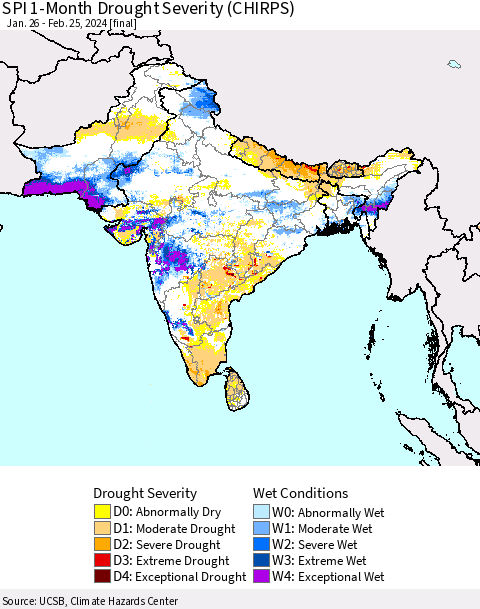Southern Asia SPI 1-Month Drought Severity (CHIRPS) Thematic Map For 1/26/2024 - 2/25/2024
