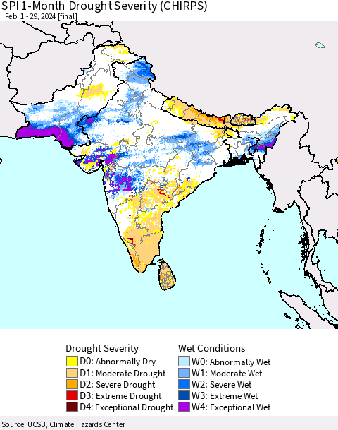 Southern Asia SPI 1-Month Drought Severity (CHIRPS) Thematic Map For 2/1/2024 - 2/29/2024