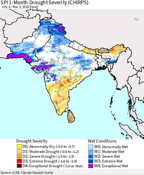 Southern Asia SPI 1-Month Drought Severity (CHIRPS) Thematic Map For 2/6/2024 - 3/5/2024