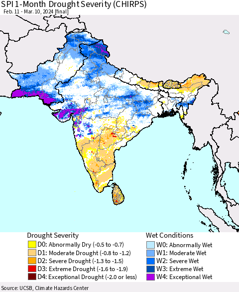 Southern Asia SPI 1-Month Drought Severity (CHIRPS) Thematic Map For 2/11/2024 - 3/10/2024