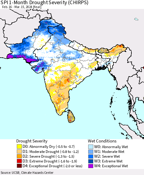 Southern Asia SPI 1-Month Drought Severity (CHIRPS) Thematic Map For 2/16/2024 - 3/15/2024