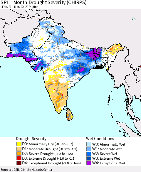 Southern Asia SPI 1-Month Drought Severity (CHIRPS) Thematic Map For 2/21/2024 - 3/20/2024