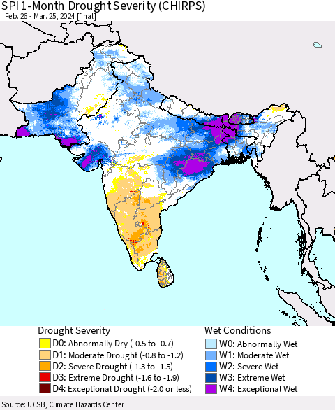Southern Asia SPI 1-Month Drought Severity (CHIRPS) Thematic Map For 2/26/2024 - 3/25/2024