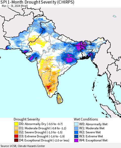 Southern Asia SPI 1-Month Drought Severity (CHIRPS) Thematic Map For 3/1/2024 - 3/31/2024