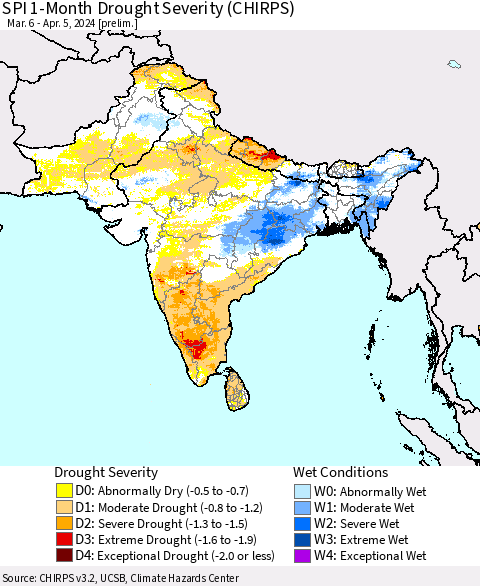 Southern Asia SPI 1-Month Drought Severity (CHIRPS) Thematic Map For 3/6/2024 - 4/5/2024