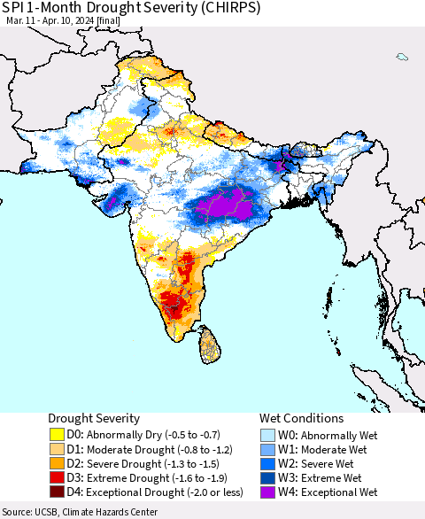 Southern Asia SPI 1-Month Drought Severity (CHIRPS) Thematic Map For 3/11/2024 - 4/10/2024