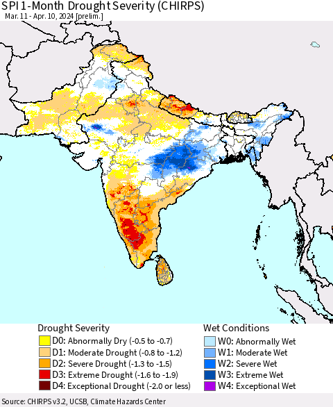 Southern Asia SPI 1-Month Drought Severity (CHIRPS) Thematic Map For 3/11/2024 - 4/10/2024