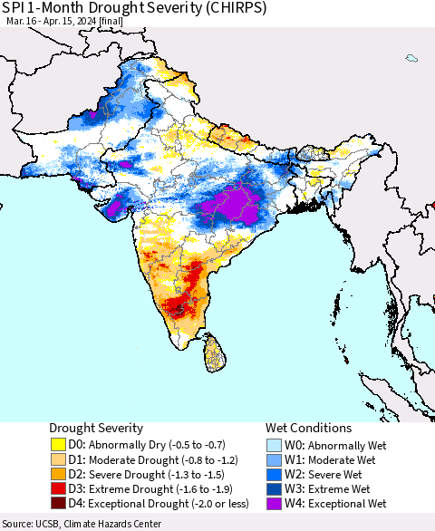 Southern Asia SPI 1-Month Drought Severity (CHIRPS) Thematic Map For 3/16/2024 - 4/15/2024