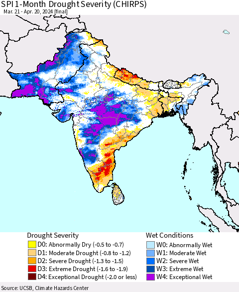 Southern Asia SPI 1-Month Drought Severity (CHIRPS) Thematic Map For 3/21/2024 - 4/20/2024