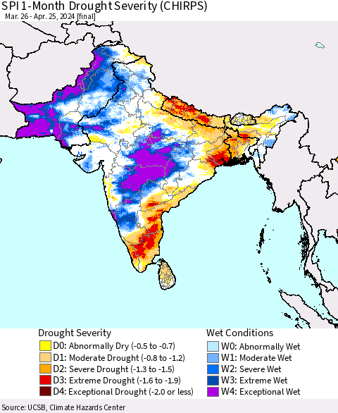 Southern Asia SPI 1-Month Drought Severity (CHIRPS) Thematic Map For 3/26/2024 - 4/25/2024