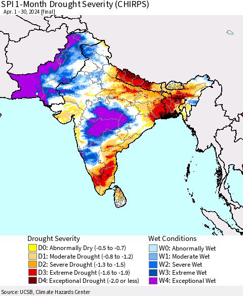 Southern Asia SPI 1-Month Drought Severity (CHIRPS) Thematic Map For 4/1/2024 - 4/30/2024
