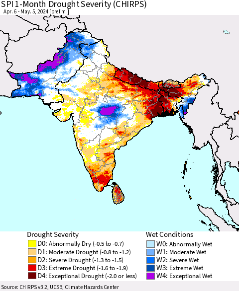 Southern Asia SPI 1-Month Drought Severity (CHIRPS) Thematic Map For 4/6/2024 - 5/5/2024