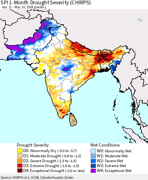 Southern Asia SPI 1-Month Drought Severity (CHIRPS) Thematic Map For 4/11/2024 - 5/10/2024
