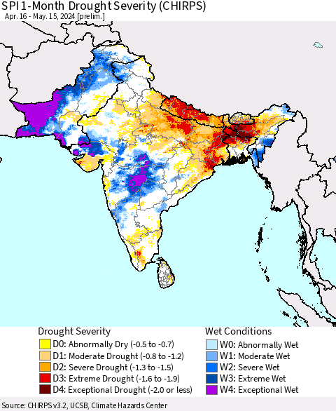 Southern Asia SPI 1-Month Drought Severity (CHIRPS) Thematic Map For 4/16/2024 - 5/15/2024