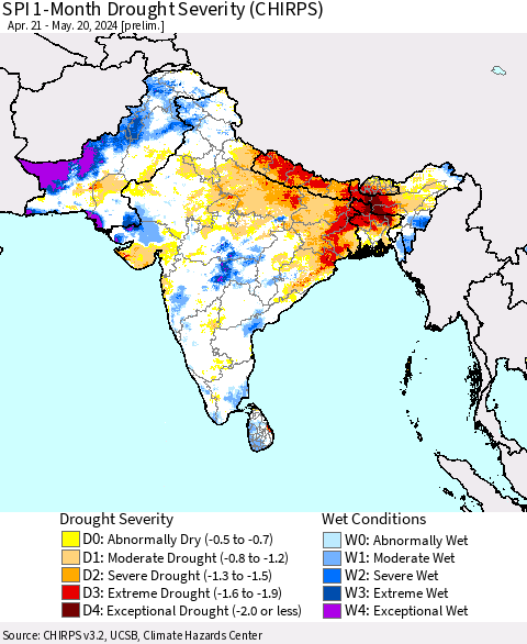 Southern Asia SPI 1-Month Drought Severity (CHIRPS) Thematic Map For 4/21/2024 - 5/20/2024