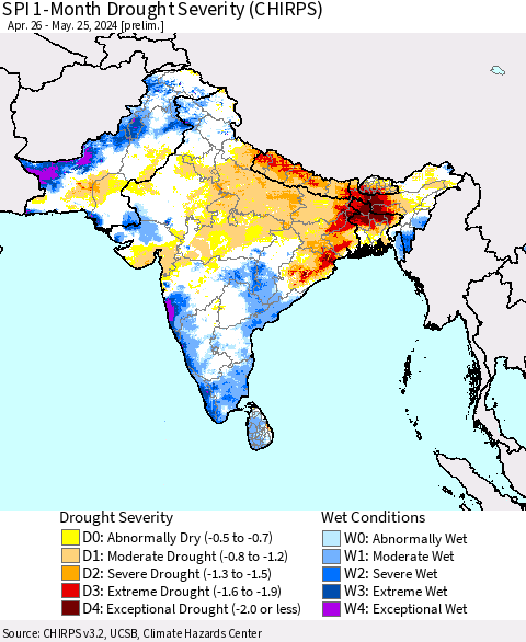 Southern Asia SPI 1-Month Drought Severity (CHIRPS) Thematic Map For 4/26/2024 - 5/25/2024
